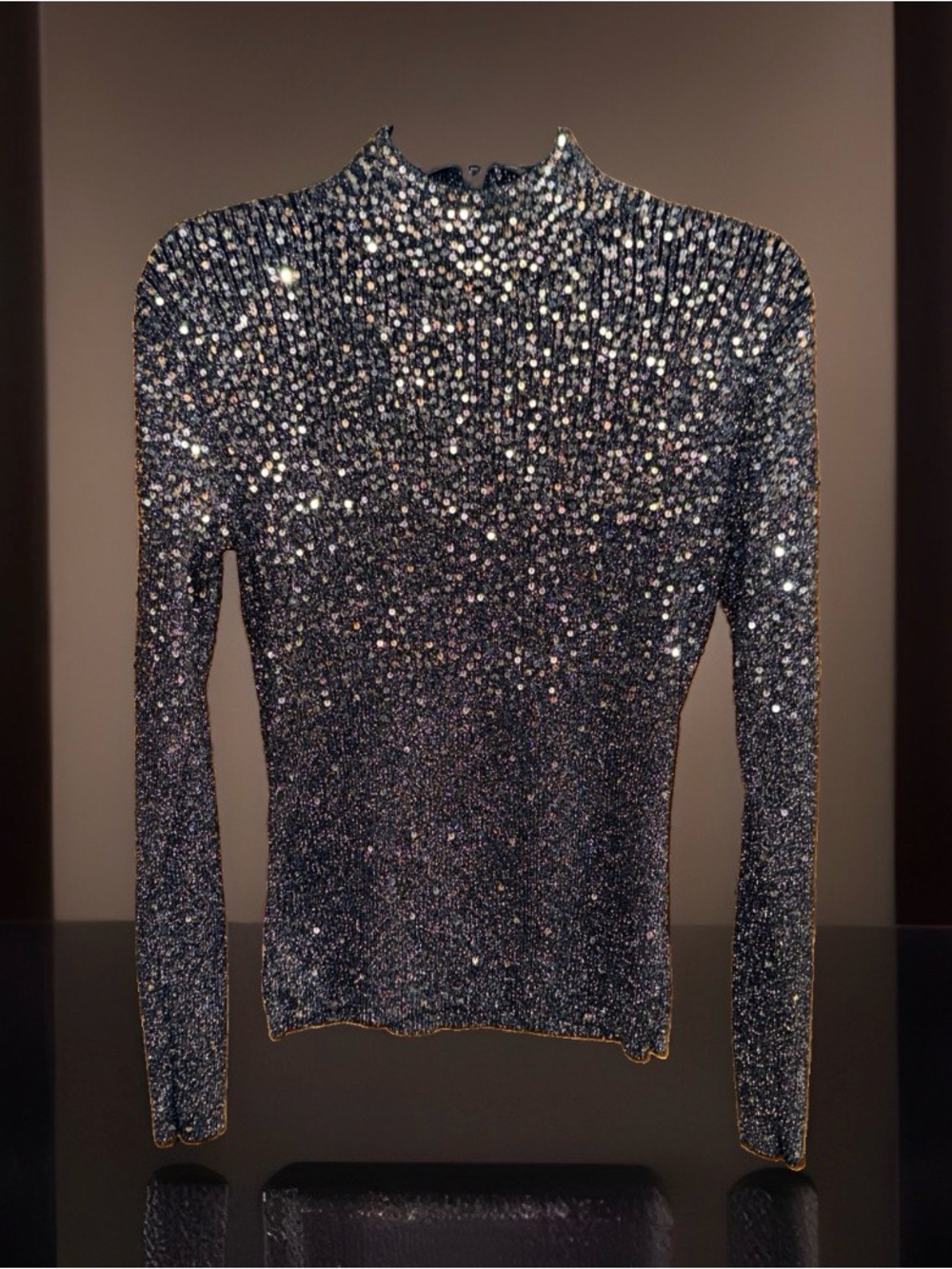 Dressbarn Silver Sequin & Metallic Mock Neck Long Sleeve Ribbed Sweater—M-EC